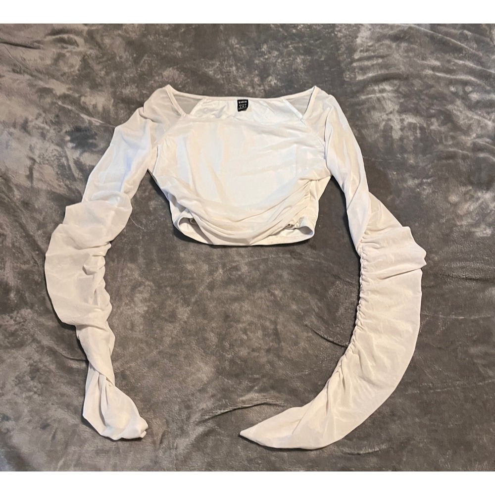 Shein White Mesh Ruched Long Sleeve Crop Top Square Neck Size M